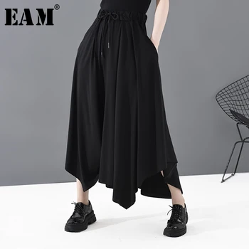 

[EAM] High Elastic Waist Black Asymmetrical Long Wide Leg Trousers New Loose Fit Pants Women Fashion Spring Autumn 2020 1T476
