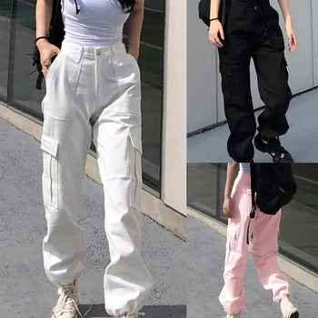

Ladies Spring Summer Cargo Pants with Pockets Loose Streetwear Fashion Trousers High Waist Hip Hop Pants ropa mujer #33