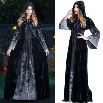 

Halloween Female Death Dress Terror Skull Role Playing Suit Cloak Stage Costume for Women SDF-SHIP