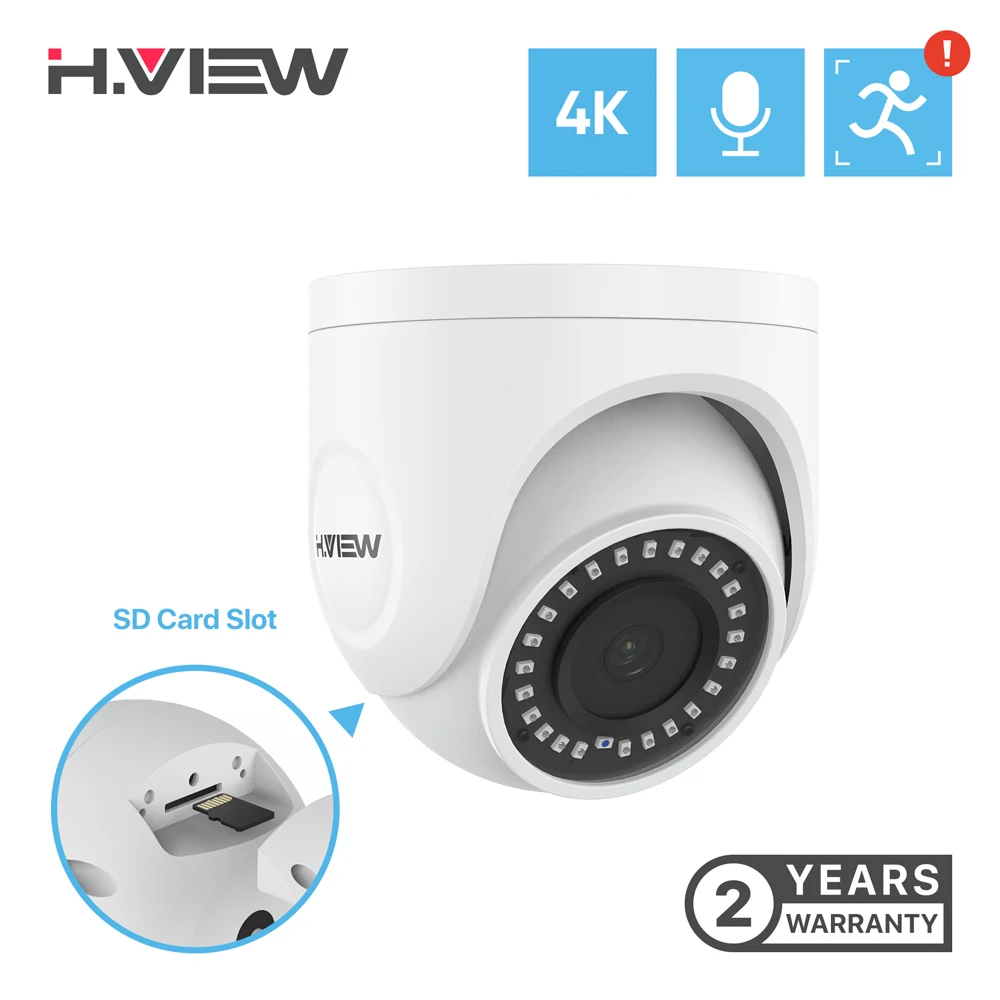 H.View 8Mp Ip Camera Poe  4K Cctv Security Surveillance H.265 Audio Human Detection Dome SD Card Slot Camera For Poe Nvr Onvif