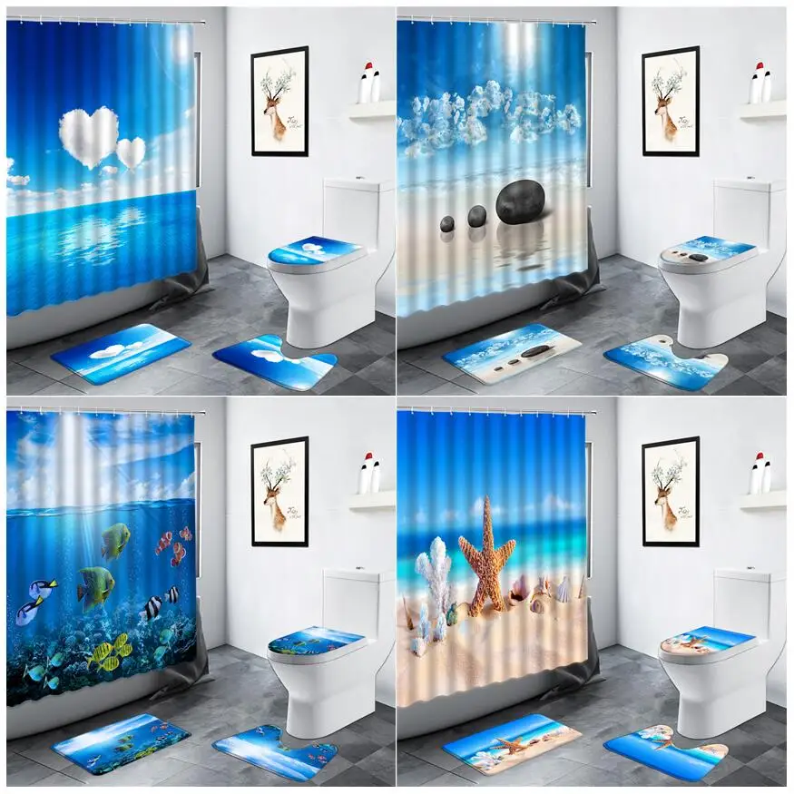 비치 불가사리 오션 샤워 커튼 세트 블랙 스톤 열대어 풍경 욕실 카펫 미끄럼 방지 러그 욕실 매트 화장실 뚜껑 커버, 바다, 열대어, 풍경, 미끄럼 방지
