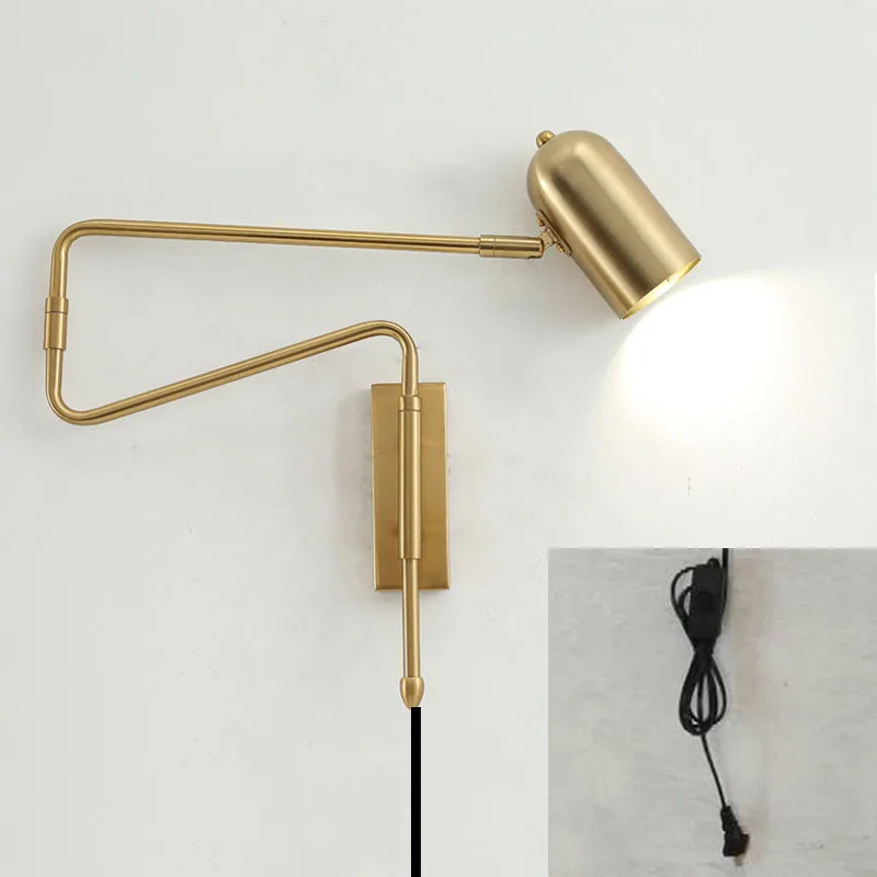 Современная светодиодная настенная лампа нордическая качающаяся рука гостиная спальня кабинет длинная рука длинная жердь Складная растягивающаяся прикроватная лампа для чтения - Цвет абажура: Gold with Plug