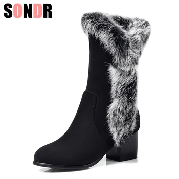 

Winter Women Snow Boots Warm Antieskid Mid Calf Boots Square heel Slip On Casual Women Flock Rabbit hair Shoes