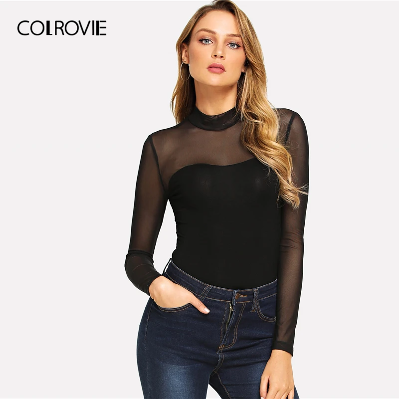 COLROVIE, Одноцветный, с ложным вырезом, сетчатый, прозрачный, обтягивающий, черный, ночной, боди, для женщин, осенний, с длинным рукавом, сексуальный, для тела, женский, базовый, боди