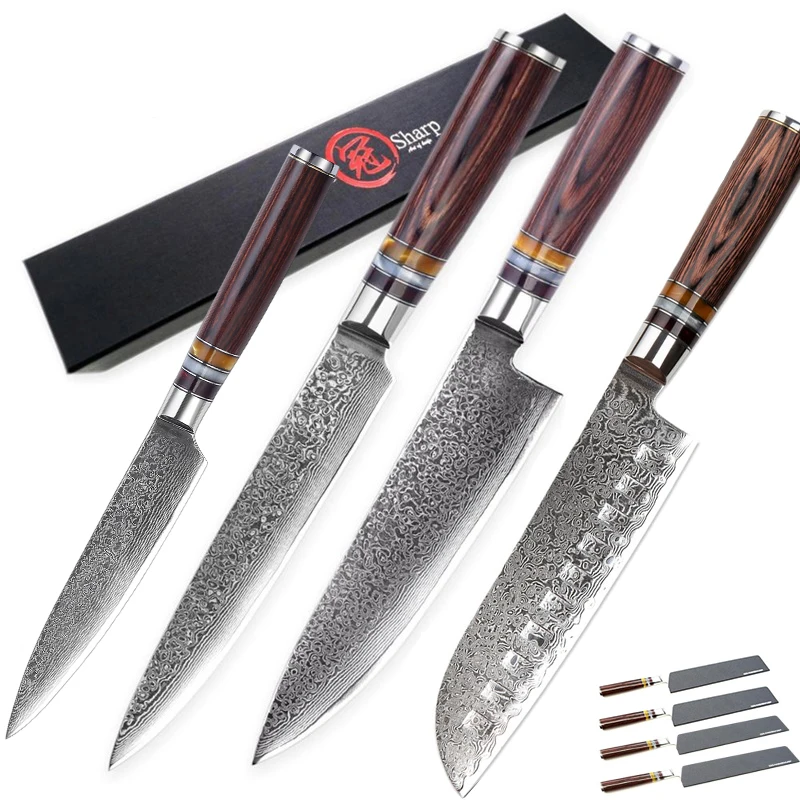 GRANDSHARP Damascus Knife Sets vg10 Japanese Damascus Steel Kitchen Slicing Knives Chef's Set Family Gift Kitchen Cooking Tools - Цвет: 4pcs knives