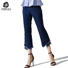 Размер-XXL женские кружевные лоскутные расклешенные брюки длиной до икры синие джинсовые штаны женские джинсы с карманами A3505