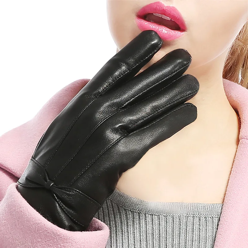 Black H10063 женские кожаные перчатки, женские теплые термальные рукавицы из козьей кожи, для вождения, верховой езды, одноцветные, высокое качество, модная муфта для рук - Цвет: Black