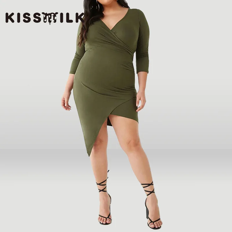 

Kisilk New Style Europe And America Large Size-Solid Color V-neck Wrap in Long Sleeve Irregular Hem Dress