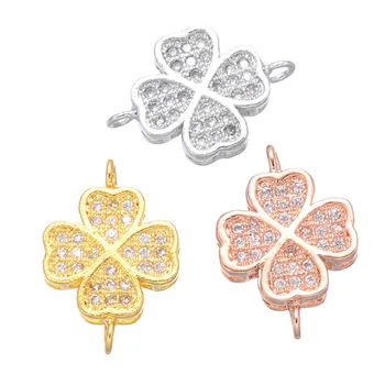 

1pc Micro-inlaid Zircon Four Clover Flower Double Hanging Connector DIY Handmade Jewelry Making Necklace Bracelet Accessories