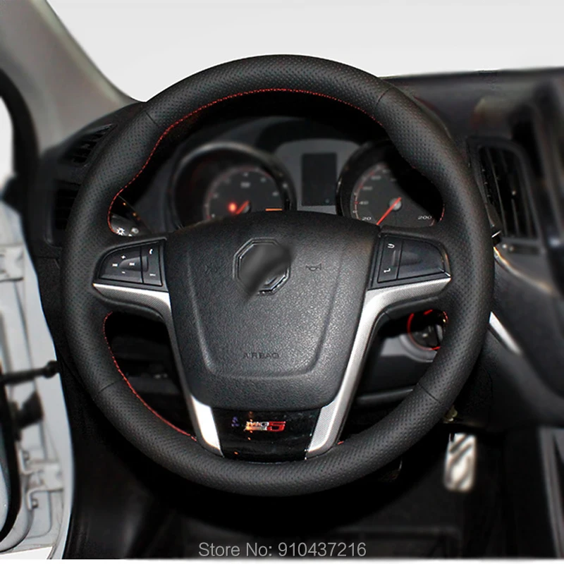 

Customize DIY Black Drilled Leather Red Thread Hand Sewn Steering Wheel Cover for MG 5 2011-2014