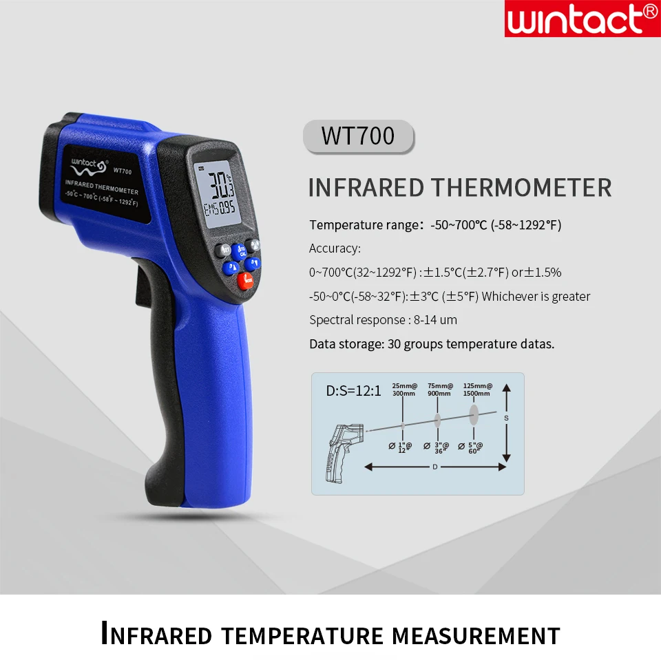 WT700-BLUE-RU Инфракрасный термометр, цифровой лазерный термометр, Бесконтактный температурный пистолет, инфракрасный термометр, цифровой лазерный инфракрасный температурный пистолет - Color: WT700-BLUE-RU