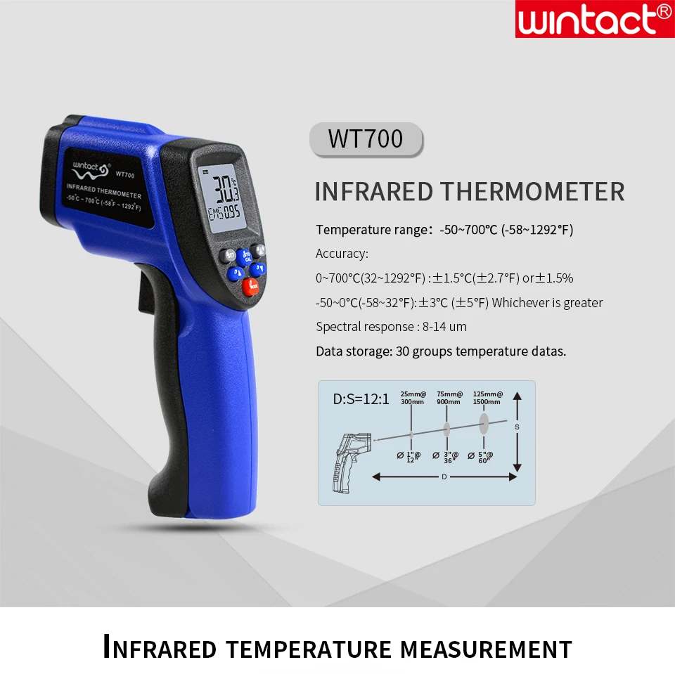 Инфракрасный термометр, цифровой лазерный термометр, Бесконтактный температурный пистолет, инфракрасный термометр, цифровой лазерный инфракрасный температурный пистолет - Color: WT700-BLUE-RU