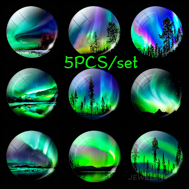 5PCS/SET Northern Lights Photo Round Luminous 25mm Glass Cabochon Handmade Jewelry Glow In The Dark Supply for Pendant Making | Украшения и