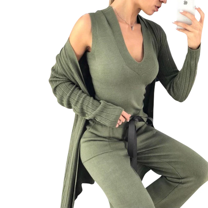 TAOVK Autumn women's Knitted tracksuit 3 Pieces Set Long Sleeve Cardigan and Sleeveless Pullover Tops and Pants Suits TAOVK Autumn women's Knitted tracksuit 3 Pieces Set Long Sleeve Cardigan and Sleeveless Pullover Tops and Pants Suits