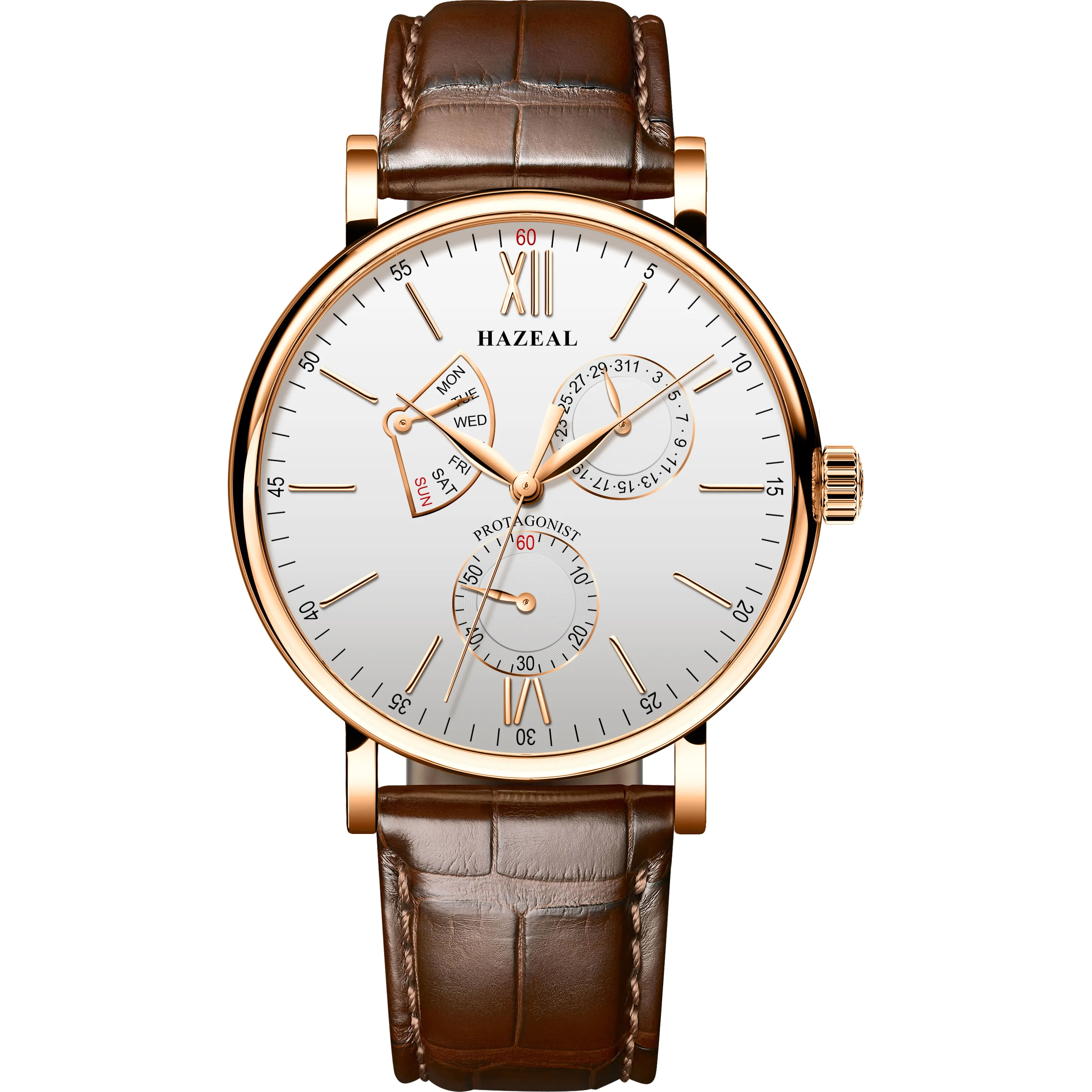 HAZEAL men automatic watch self wind mechanical luxury brand reloj hombre wristwatch leather strap