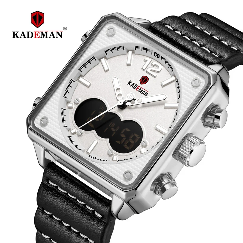 S-W-B KADEMAN роскошные квадратные часы Мужские Оригинальные спортивные часы Топ бренд двойной дисплей 3ATM Tech наручные часы новые кожаные повседневные мужские часы - Цвет: S-W-B