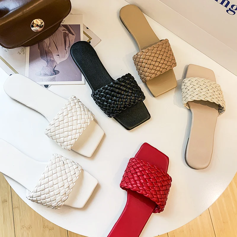 Zapatillas de temperamento trenzadas con punta abierta para mujer, Sandalias planas informales para playa y vacaciones, 2021