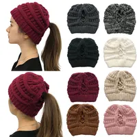 New Adult Women's Hats Wool Knitted Hat Autumn Winter Warm Brand Skullcap Female Cross Ponytail Cap Skullies Beanies 1