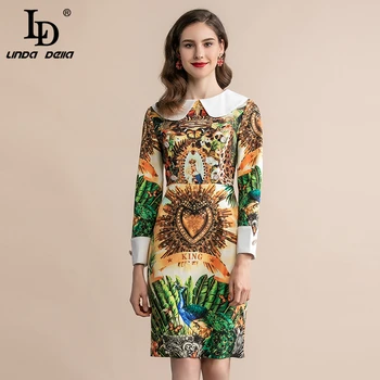

LD LINDA DELLA Autumn Fashion Runway Long Sleeve Dress Women's Peter Pan Collar Elegant Printed Vintage Midi Dress Female