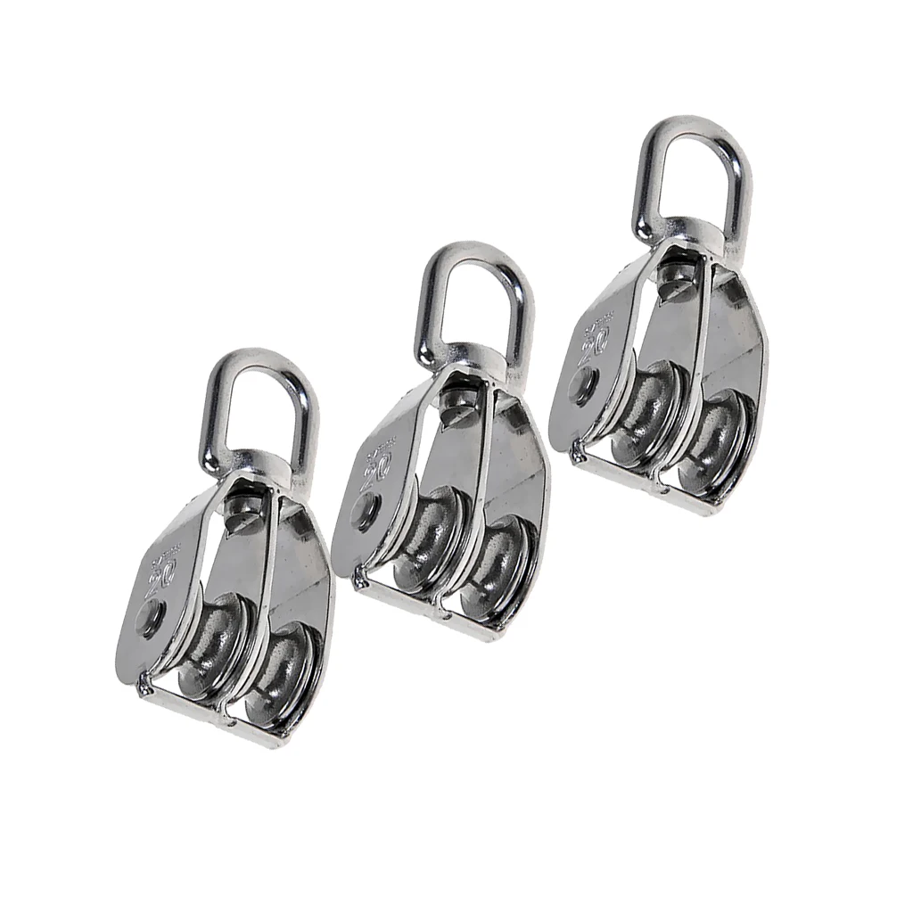 3pcs/set M20 Stainless Steel Double Sheave Swivel Eye Rope Pulley Block Wheels