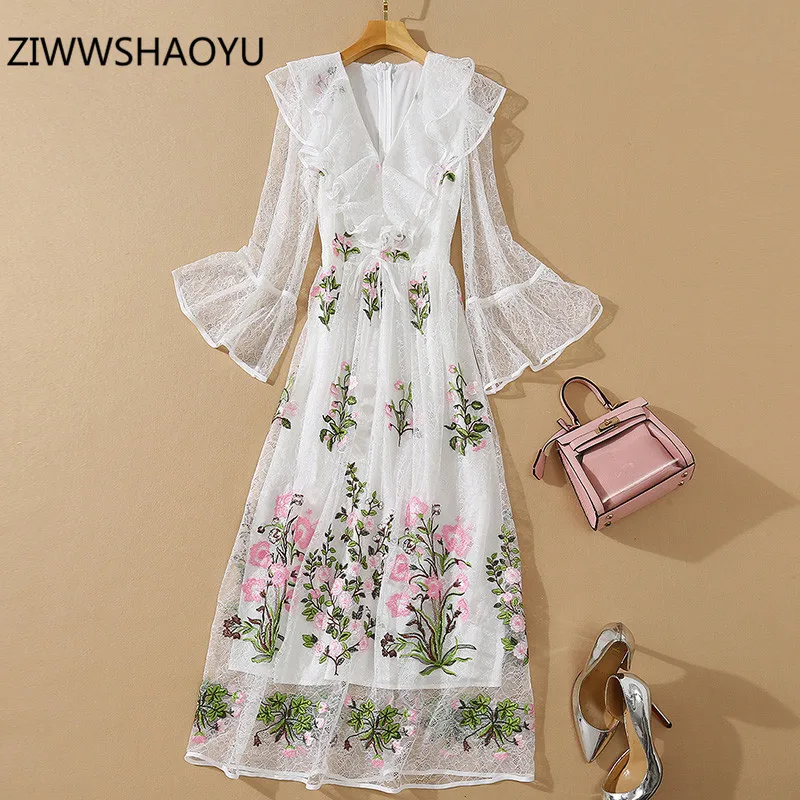 

ZIWWSHAOYU Elegant White Lace Flower Embroidery Party Long Dress Women Sexy V-Neck Flared Sleeves Runway Dress
