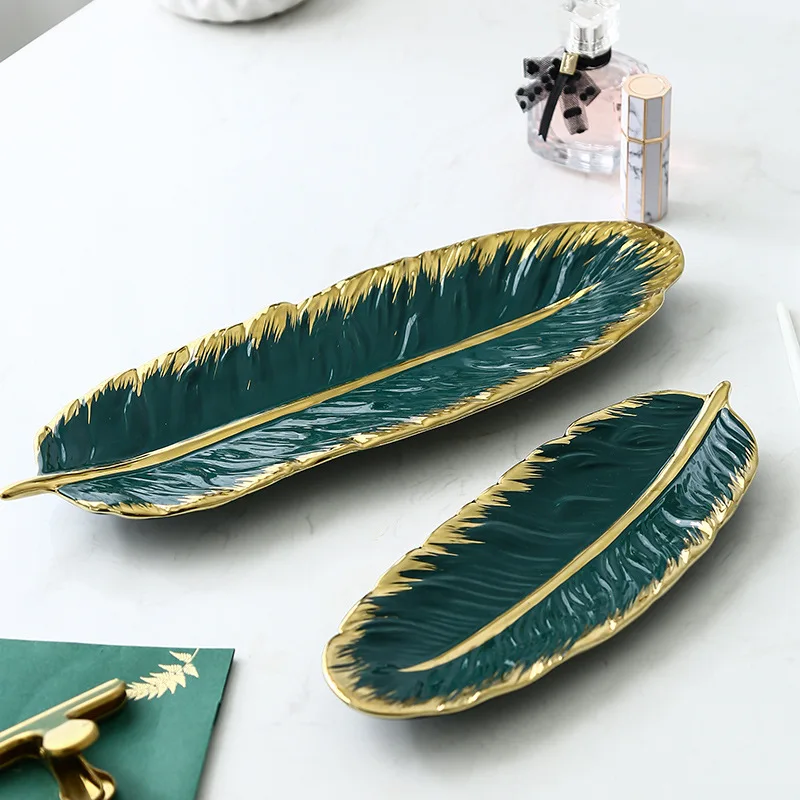 

Phnom Penh Ceramic Tray Creative Ink Green Feather Banana Leaf Plate Snack Disk Storage Disk