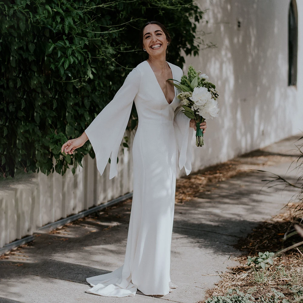 

Mermaid Long Batwing Sleeves Satin Wedding Dress Simple Elegant Custom Made Backless Plus Size V-Neck Hollow Back Bridal Gown