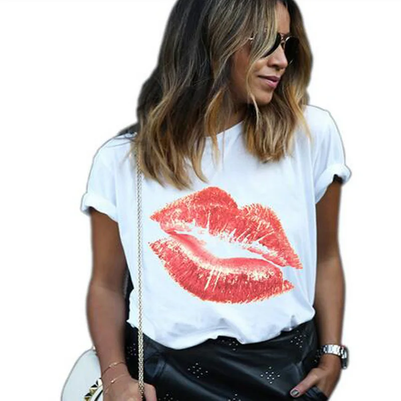 

T shirt top round neck short sleeve lashes lips printed tees t-shirt punk