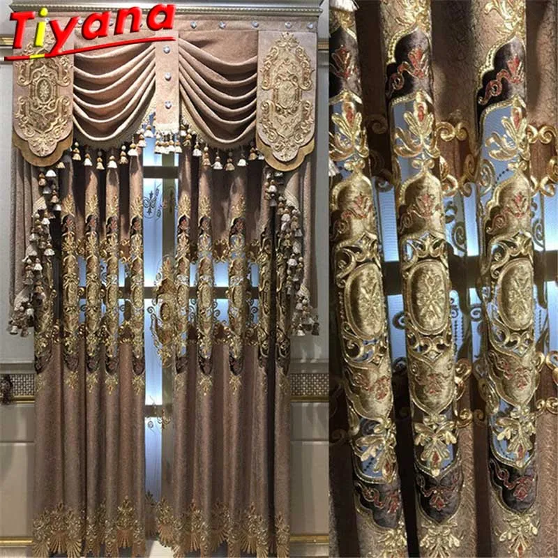 

Nordic Palace Luxury Embroidered Semi-Blackout Curtain for Living Room Brown/Blue Chenille Geometry Villa Window Drapes HM141#30