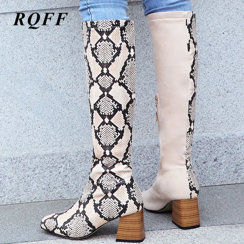 

New 2020 Autumn Winter Boots Women Serpentine PU Leather Knee High Plus Size 33-46 Square Block High Heel 7cm Motorcycle Boot