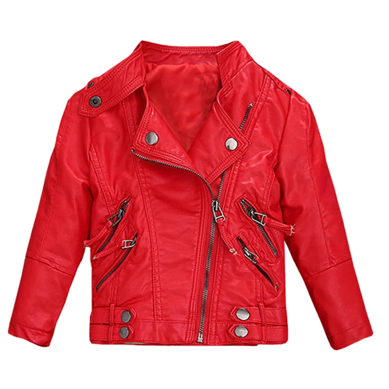 Куртки из искусственной кожи для девочек и мальчиков, свободные Детские осенние куртки с длинными рукавами и пальто для девочек, пальто на молнии для маленьких мальчиков - Цвет: Красный