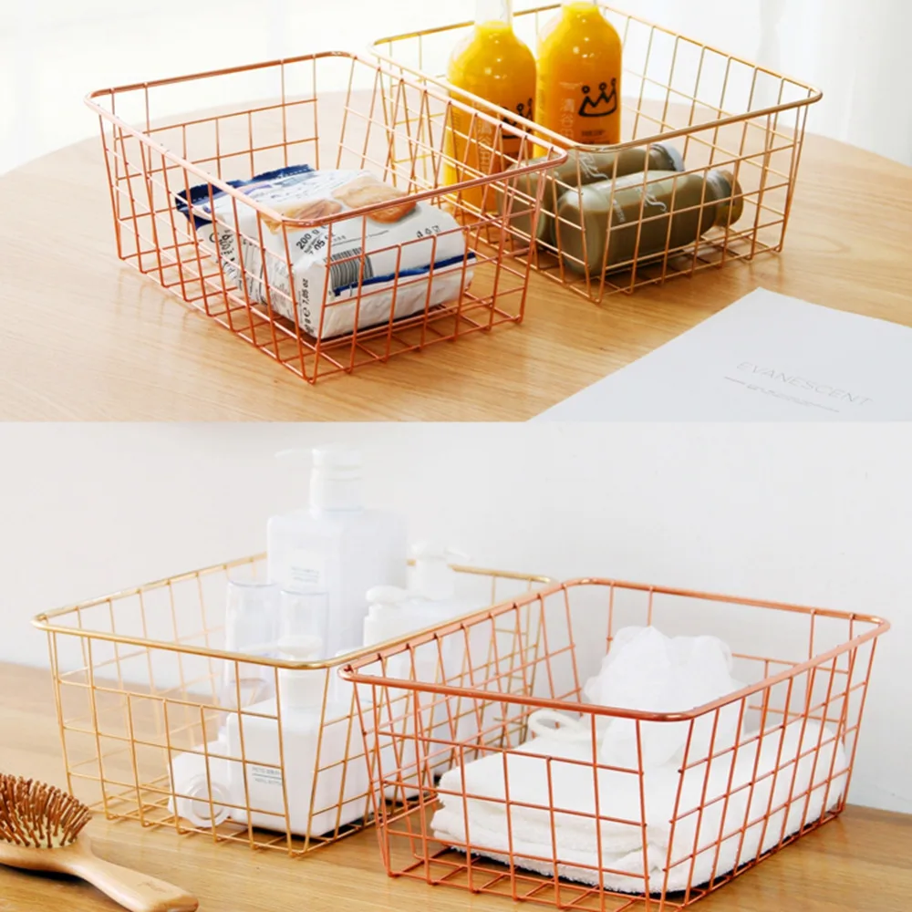 Nordic Style Rose Gold Metal Wire Storage Basket Cosmetic Organizer Holder Home Office Desk Toiletry Collection Bathroom Shelf