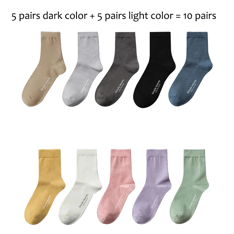 5 light 5 dark 10 пар/лот,, женские хлопковые носки, простые, красивые, английское слово, чистый светильник/темный цвет, группа, высокое качество, Осень-зима, носки - Цвет: 5 light 5 dark