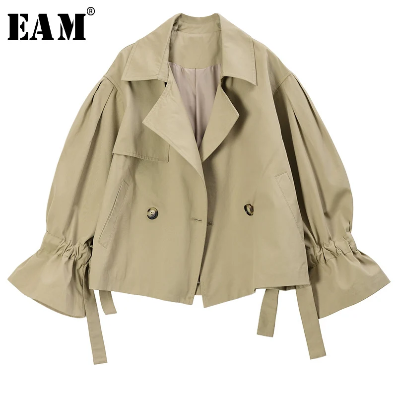 

[EAM] Loose Fit Khaki Split Joint Drawstring Bandage Short Jacket New Lapel Long Sleeve Women Coat Fashion Spring 2020 1S200