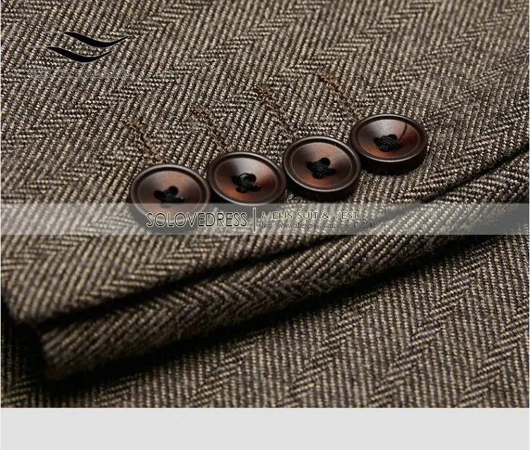 Men's Suits 3 Pieces Notch Herringbone Tuxedos Wool /Tweed Blazer Slim Fit Winter Grey Coat Wedding Groom (Jacket+Vest+Pants)