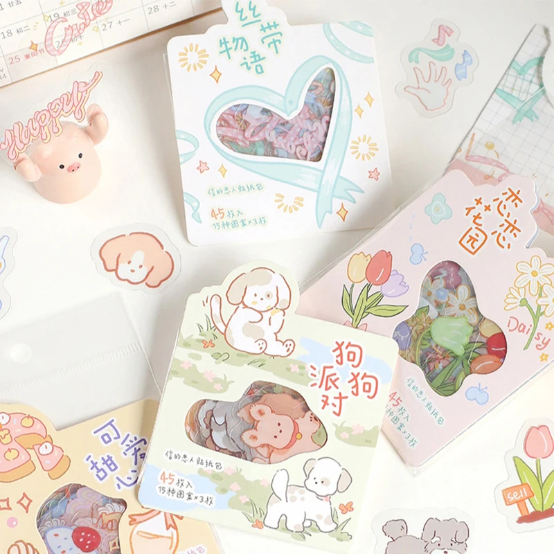 1 упаковка (40 шт. наклеек) Kawaii Щенок Собака Цветы лента ПВХ декоративные наклейки |