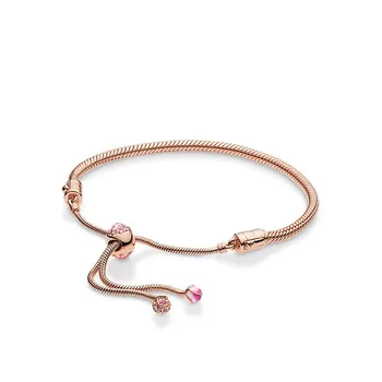 

Fit Original Pan 925 Sterling Silver Rose Gold Peach Blossom Sliding Clasp Adjust Bracelets For women Charm Beads Jewelry gift