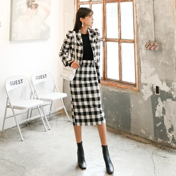 

Fashion Double-breasted plaid jacket new arrival elegant slim pencil skirt 2 pieces sexy high quality work style warm women set