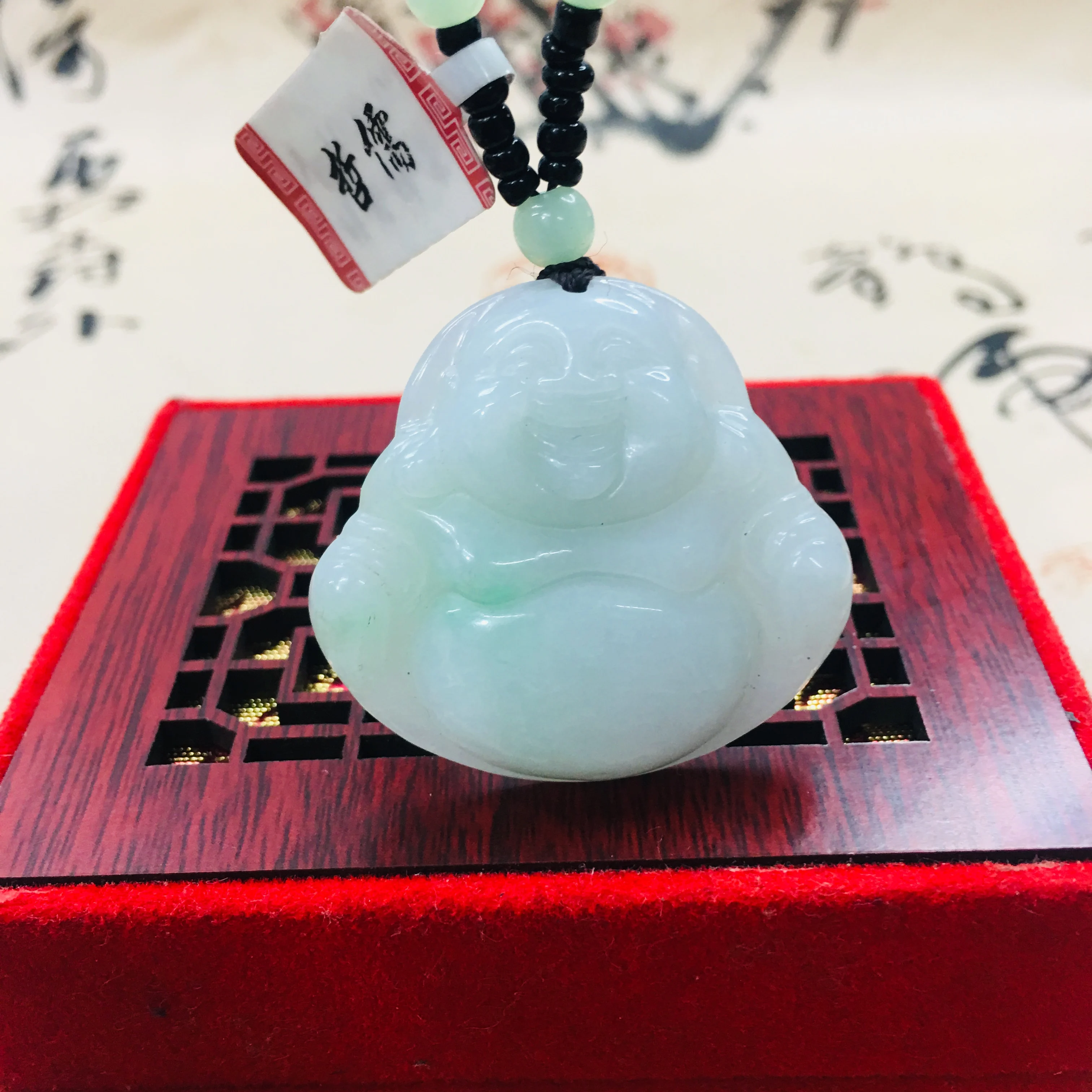 Zheru out of print pure natural Jadeite carved light green two-color laughing Buddha pendant bead sweater chain certificat | Украшения и