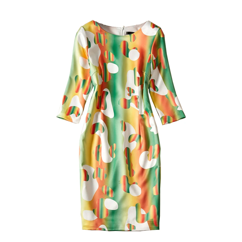 Fashion Print Women Sheath Dress Round Neck 3/4 Sleeve Autumn Dresses 10K1974