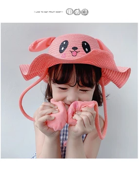 

Summer Kids Straw Hats Colorful Moving rabbit ear Princess Baby Girls Hat Children Breathable Sunscreen Beach Sun Hat Bonnet