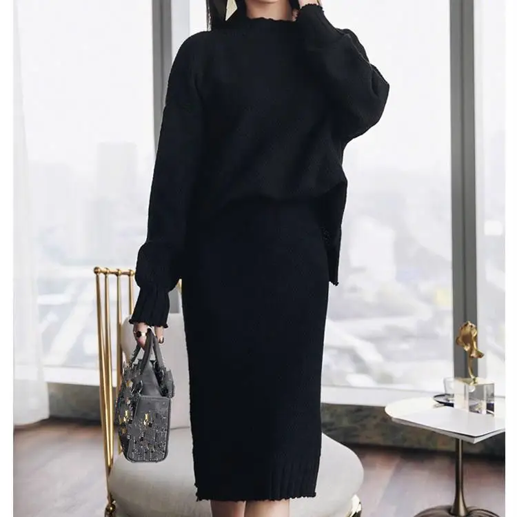 Пуловер свитер и юбка с высокой талией вязаный комплект из двух предметов