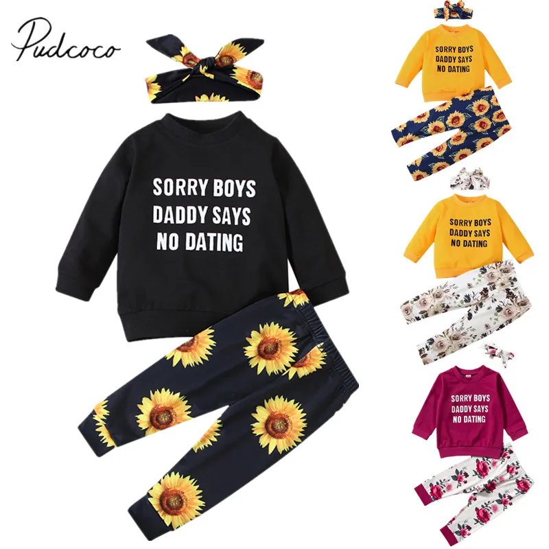 Infant Newborn Baby Sweater Shirt + Trousers Bow Headband Sunflower Print Casual Suit Loose Spring Clothing 3Pcs Outfit |