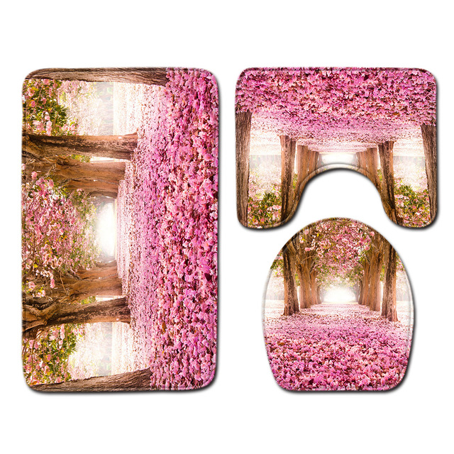 Flower Bathroom Mat Toilet Three-piece Anti-slip Mat Bathroom Mat + Contour Carpet + Toilet Cover Absorbent Cover Baño