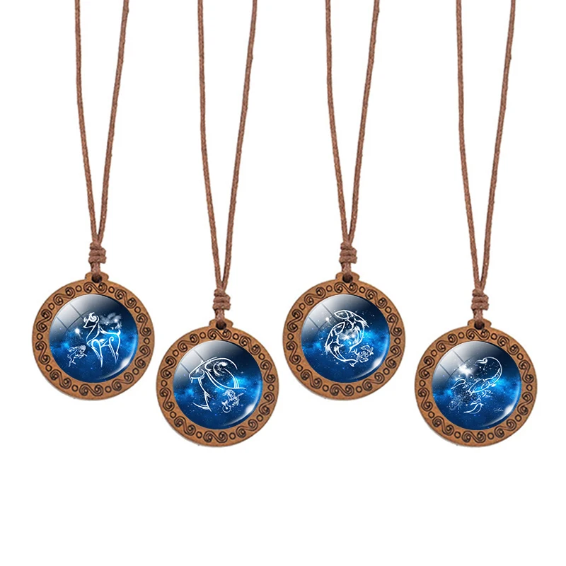 

12 Constellation Wood Pendant Necklace Zodiac Sign Necklace Rope Chain Necklace for Men Women Birthday Gifts