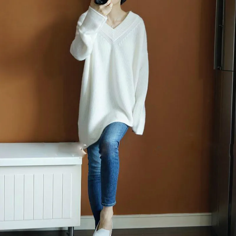 

Korean-style Autumn And Winter V-neck Thick Sweater Women's Irregular Pullover Mid-length Laziness-Style Loose-Fit Sweater Large