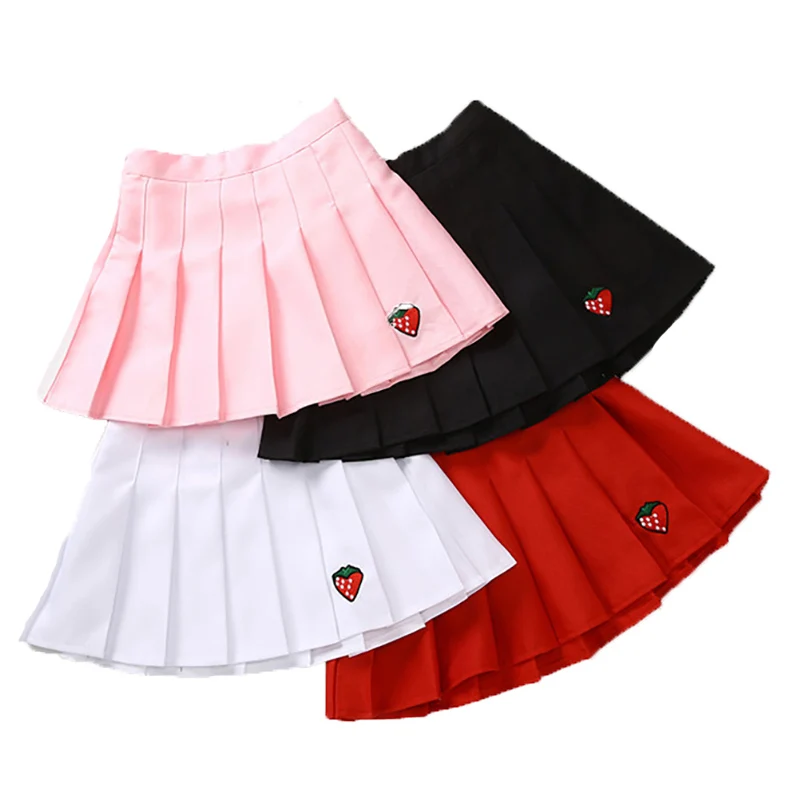 Kids Pleated Skirts Sweet Cute High Waist A-Line Girls Dance Mini Skirts Strawberry Pattern Skirt Fashion Summer Girls Clothing