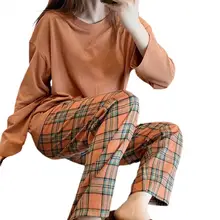 

Dropshipping Women Spring Autumn O-neck Cotton Plaid Long Sleeve Pajama Home Sleepwear Set