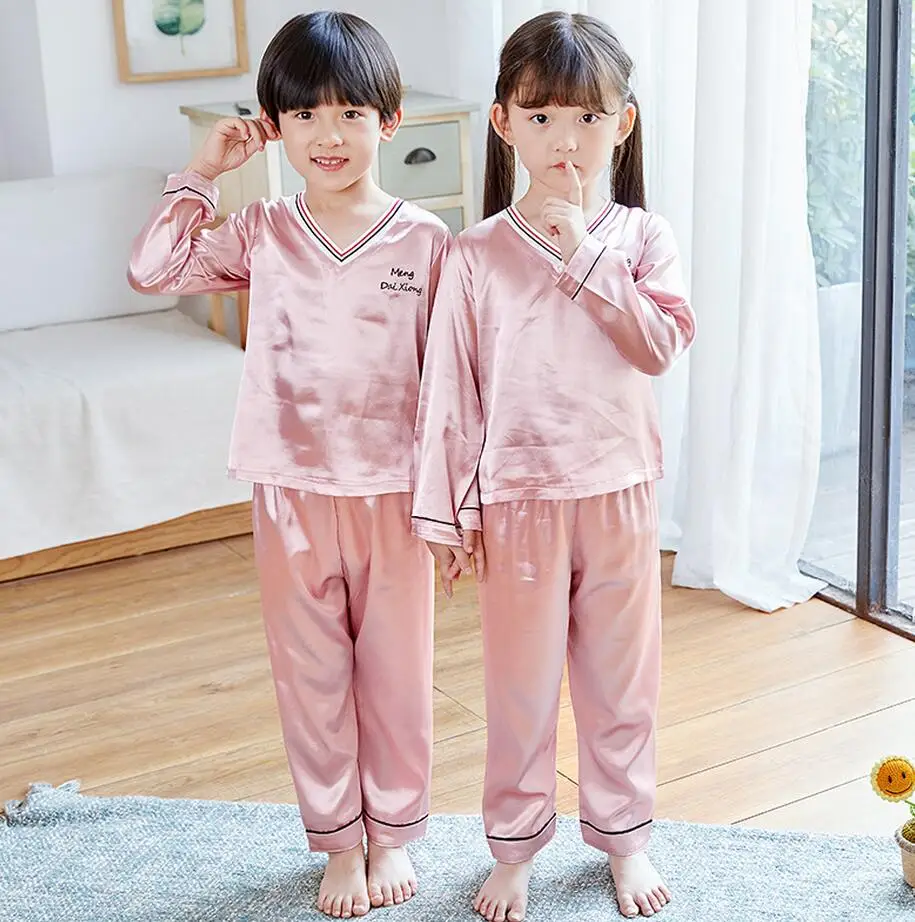 

3-15 years Children Girls Boys Pajamas Set Silk fabric Pajama 2019 Spring Kids home Clothes Nightwear Sleepwear Girl Clothes Set