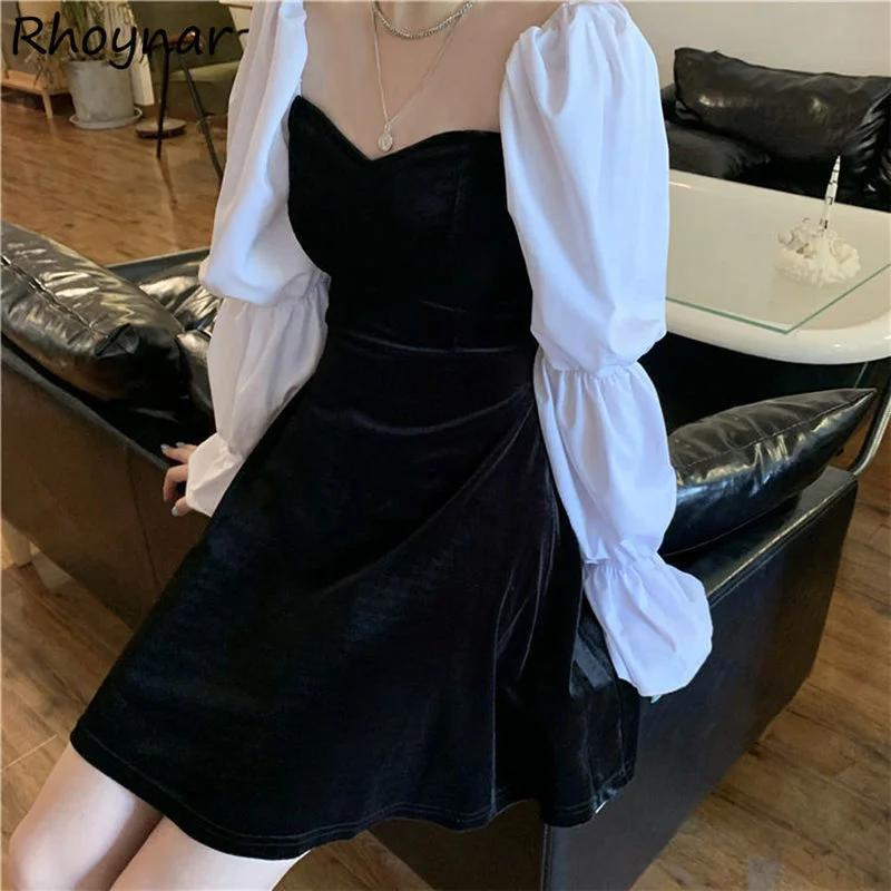 

Long Sleeve Dress Women Retro Patchwork Cozy All-match Temperament Tunic Square Collar Spring Autumn Elegant Casual Party Chic